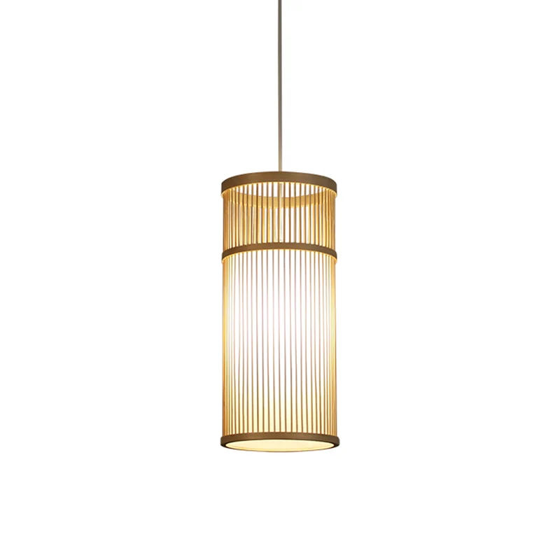 Lampe pendante tubulaire en bambou chinois 1 tête lampe de suspension de plafond en bois pour salon de thé Clearhalo
