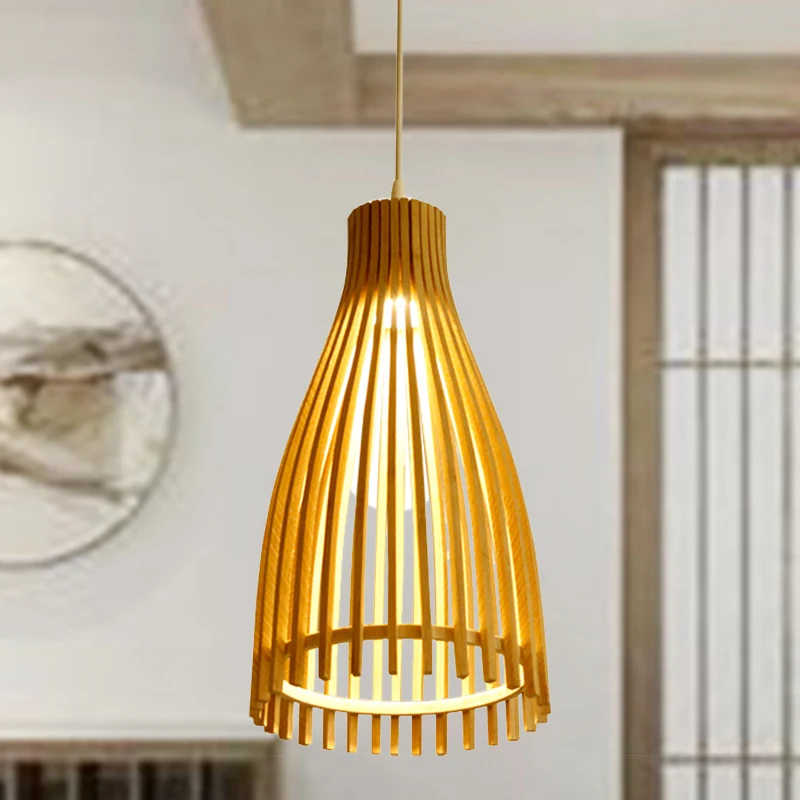Lampe pendule conique en bande de bambou, plafonnier suspendu japonais à 1 lumière beige pour salon de thé Clearhalo
