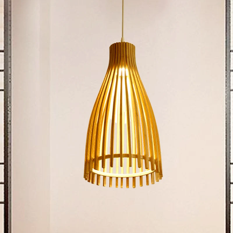 Lampe pendule conique en bande de bambou, plafonnier suspendu japonais à 1 lumière beige pour salon de thé Clearhalo