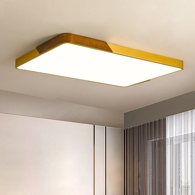 Lampe de plafond encastrée en métal doré et bois avec diffuseur acrylique carré/rectangulaire Plafonnier LED moderne encas...