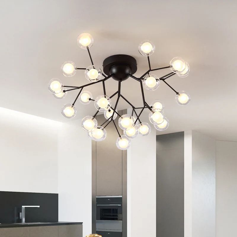 Lampe de plafond moderne en verre et métal, semi-plafonnier pour chambre à coucher, fine brindille, noir Clearhalo