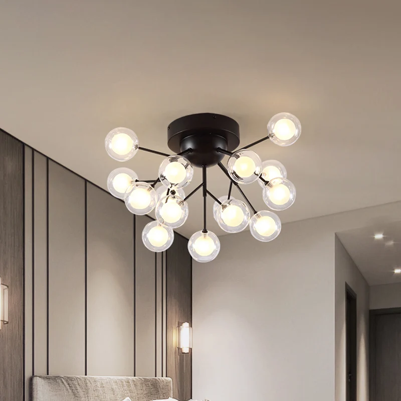 Lampe de plafond moderne en verre et métal, semi-plafonnier pour chambre à coucher, fine brindille, noir Clearhalo