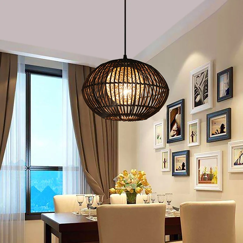 Lampe de plafond de salle à manger à cage sphérique en bambou, suspension à 1 tête de style loft en beige, 16"/21,5" de la...