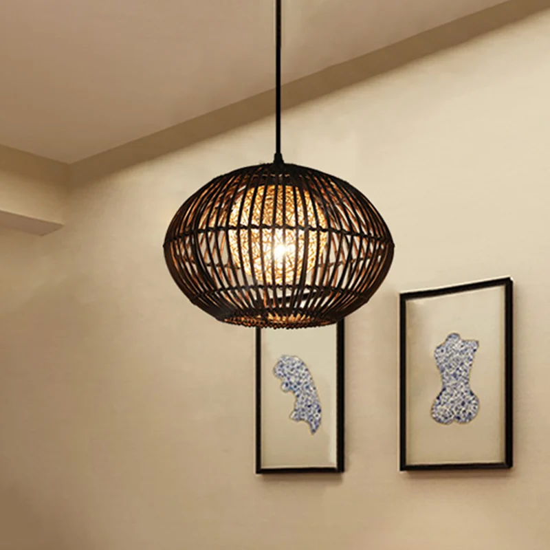 Lampe de plafond de salle à manger à cage sphérique en bambou, suspension à 1 tête de style loft en beige, 16"/21,5" de la...