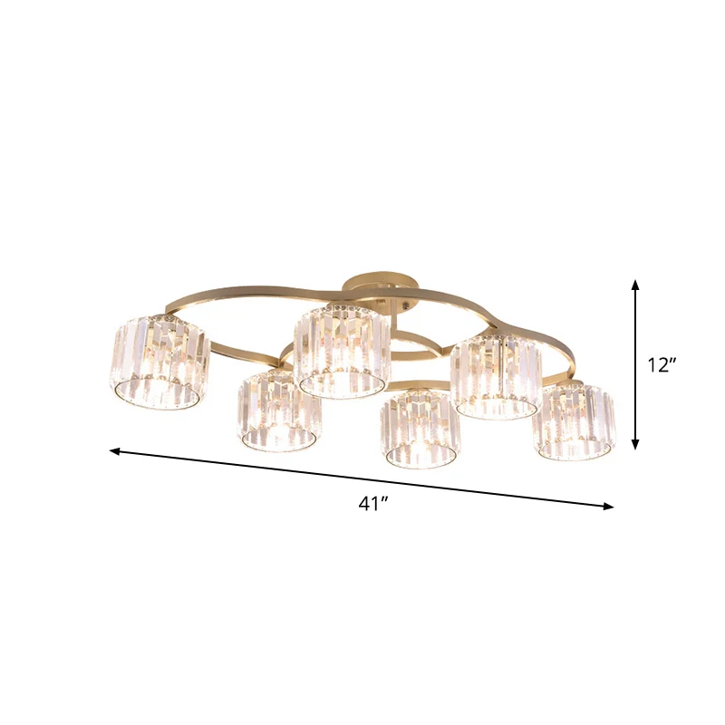 Lampe semi-encastrée à 4/6 ampoules, plafonnier moderne pour salle à manger avec abat-jour en cristal prismatique doré Cle...