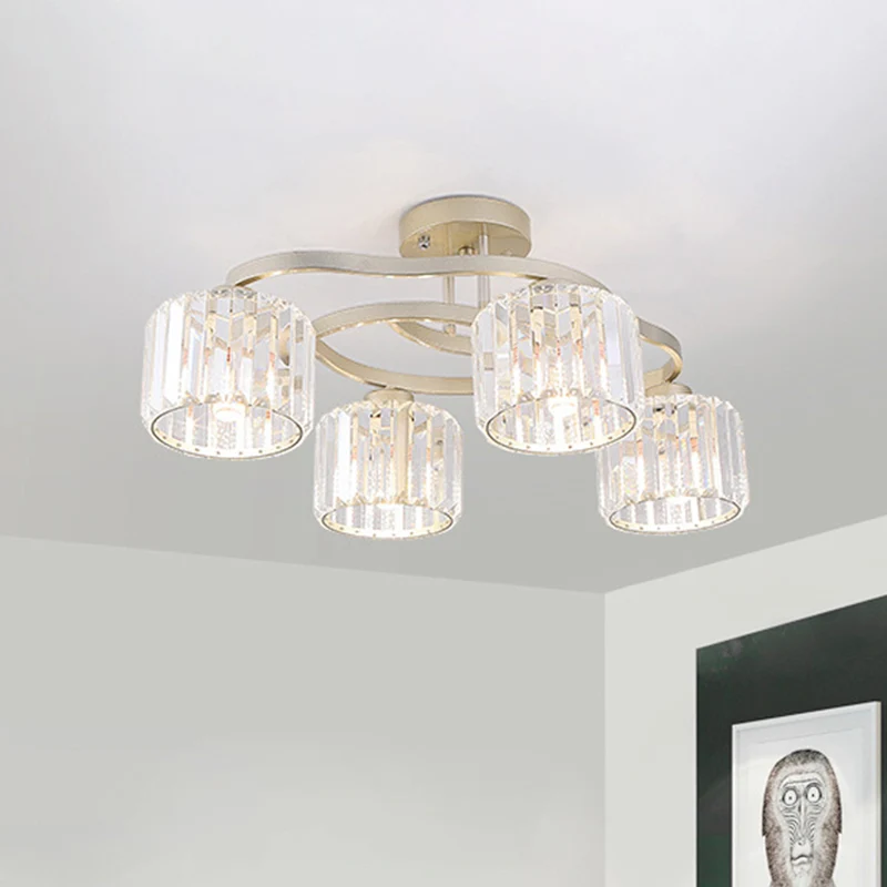 Lampe semi-encastrée à 4/6 ampoules, plafonnier moderne pour salle à manger avec abat-jour en cristal prismatique doré Cle...
