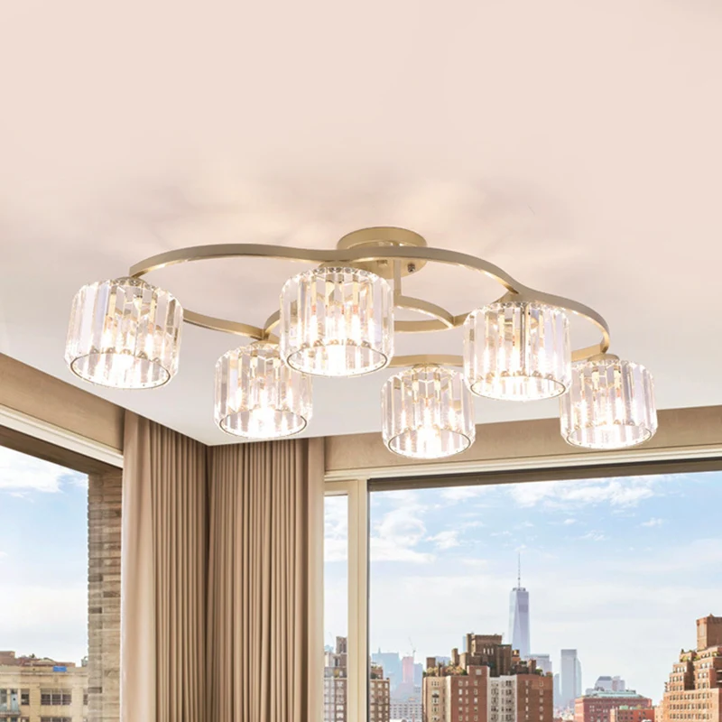 Lampe semi-encastrée à 4/6 ampoules, plafonnier moderne pour salle à manger avec abat-jour en cristal prismatique doré Cle...