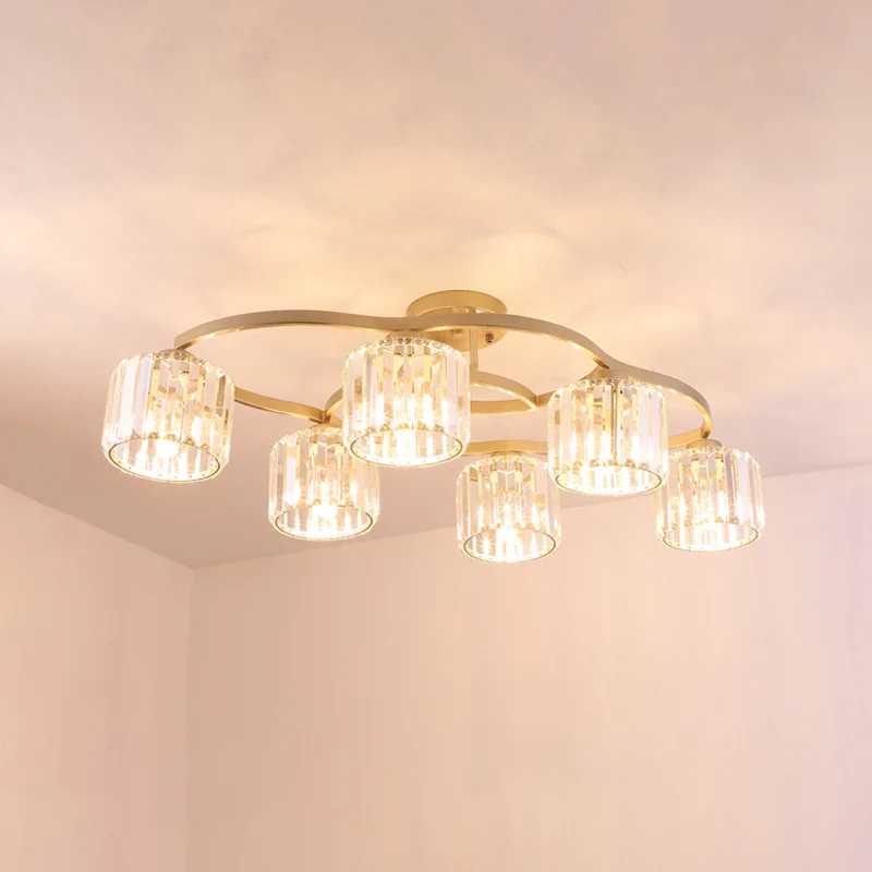 Lampe semi-encastrée à 4/6 ampoules, plafonnier moderne pour salle à manger avec abat-jour en cristal prismatique doré Cle...
