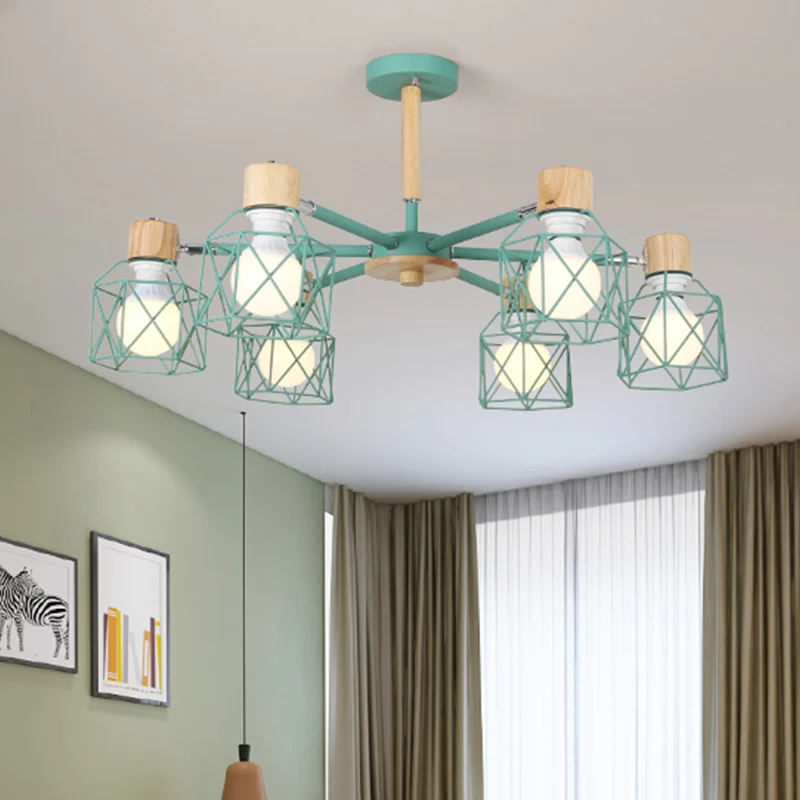 Lampe semi-encastrée en cage en fer nordique, 3/6/8 têtes, noir/vert/or, éclairage suspendu au plafond Clearhalo