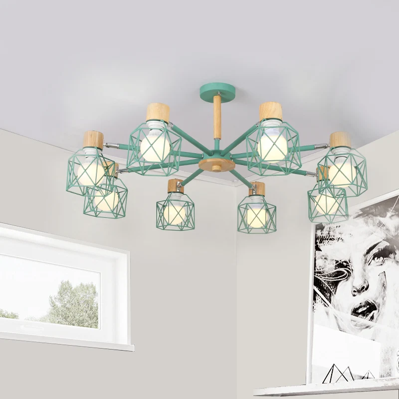 Lampe semi-encastrée en cage en fer nordique, 3/6/8 têtes, noir/vert/or, éclairage suspendu au plafond Clearhalo