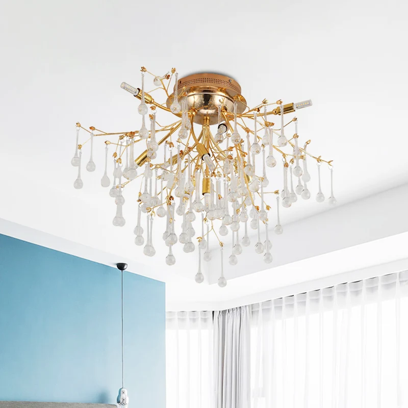 Lampe semi-encastrée Cascade pour chambre à coucher, lampe de plafond traditionnelle en cristal doré à 10 têtes Clearhalo