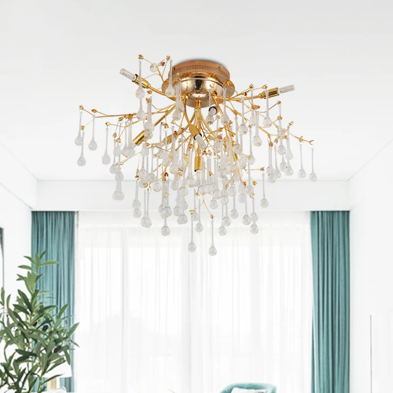 Lampe semi-encastrée Cascade pour chambre à coucher, lampe de plafond traditionnelle en cristal doré à 10 têtes Clearhalo