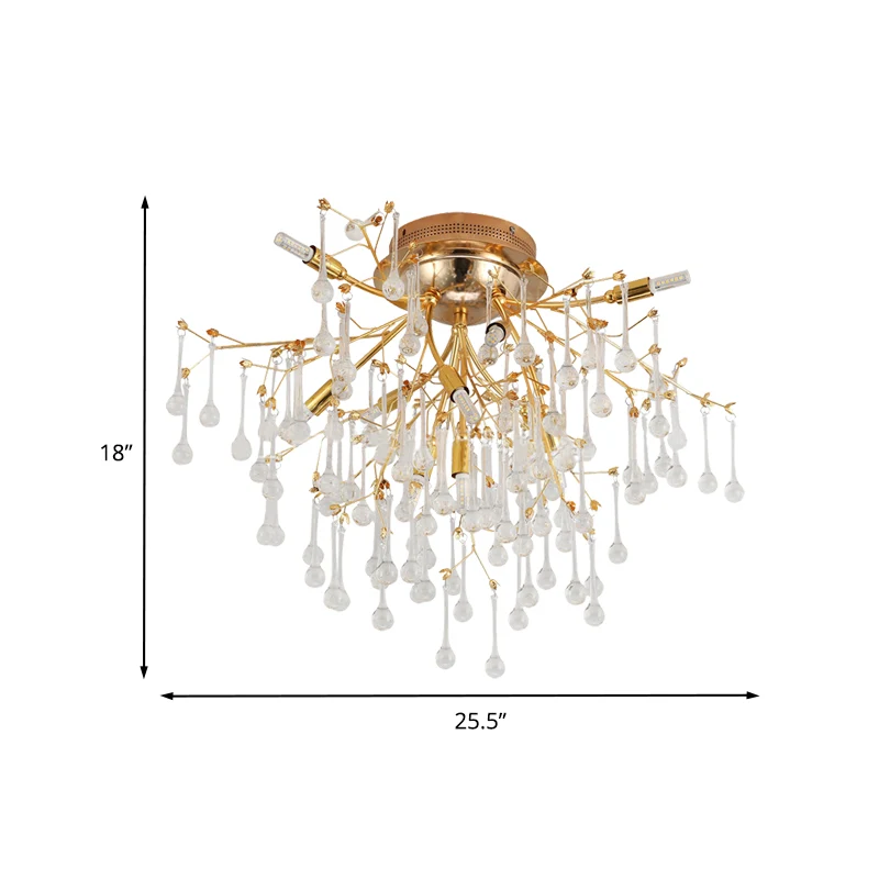Lampe semi-encastrée Cascade pour chambre à coucher, lampe de plafond traditionnelle en cristal doré à 10 têtes Clearhalo