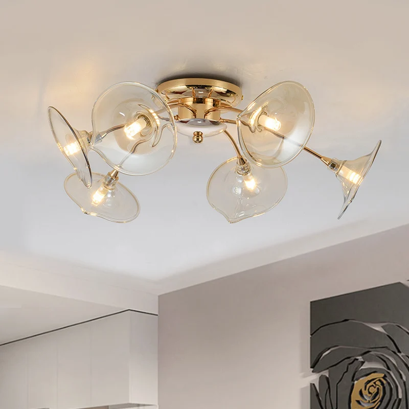 Lampe semi-encastrée pour salle à manger, 6 lumières, avec abat-jour en verre trompette, plafonnier nordique doré Clearhalo