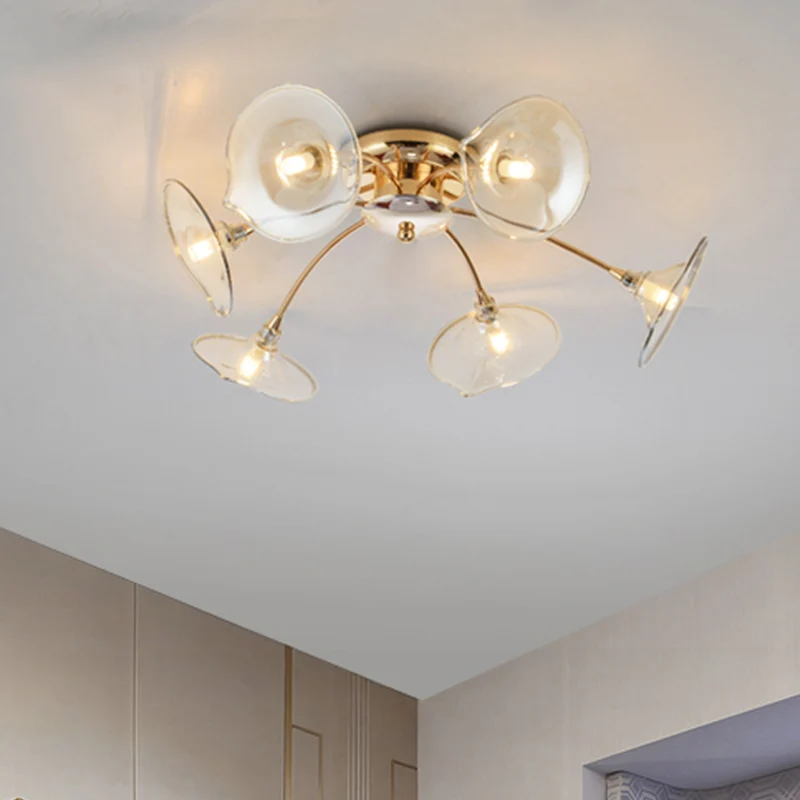 Lampe semi-encastrée pour salle à manger, 6 lumières, avec abat-jour en verre trompette, plafonnier nordique doré Clearhalo