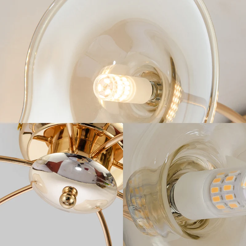 Lampe semi-encastrée pour salle à manger, 6 lumières, avec abat-jour en verre trompette, plafonnier nordique doré Clearhalo