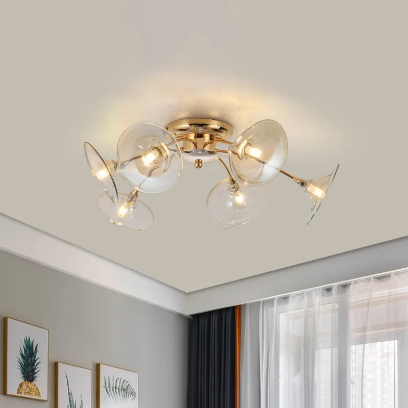 Lampe semi-encastrée pour salle à manger, 6 lumières, avec abat-jour en verre trompette, plafonnier nordique doré Clearhalo