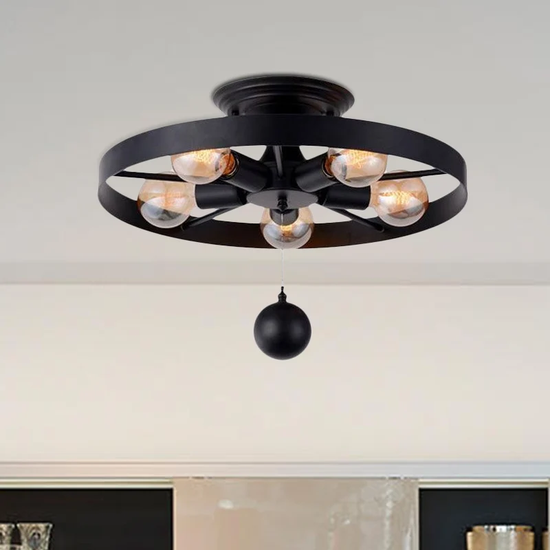 Lampe semi-encastrée à roue de style industriel avec décoration de boule, plafonnier en métal à 5 lumières en noir Clearhalo