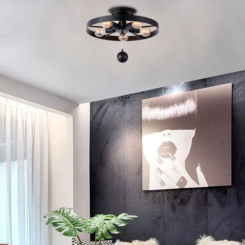 Lampe semi-encastrée à roue de style industriel avec décoration de boule, plafonnier en métal à 5 lumières en noir Clearhalo