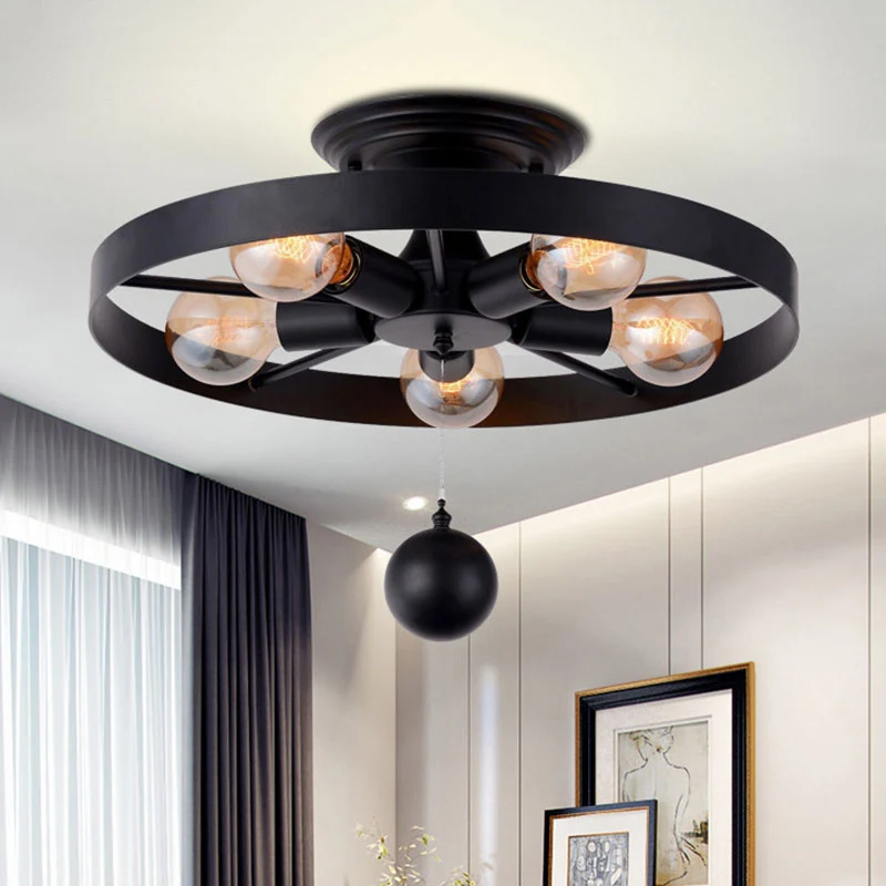Lampe semi-encastrée à roue de style industriel avec décoration de boule, plafonnier en métal à 5 lumières en noir Clearhalo