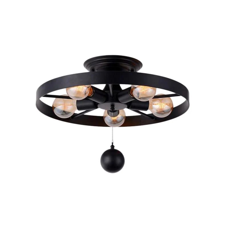 Lampe semi-encastrée à roue de style industriel avec décoration de boule, plafonnier en métal à 5 lumières en noir Clearhalo
