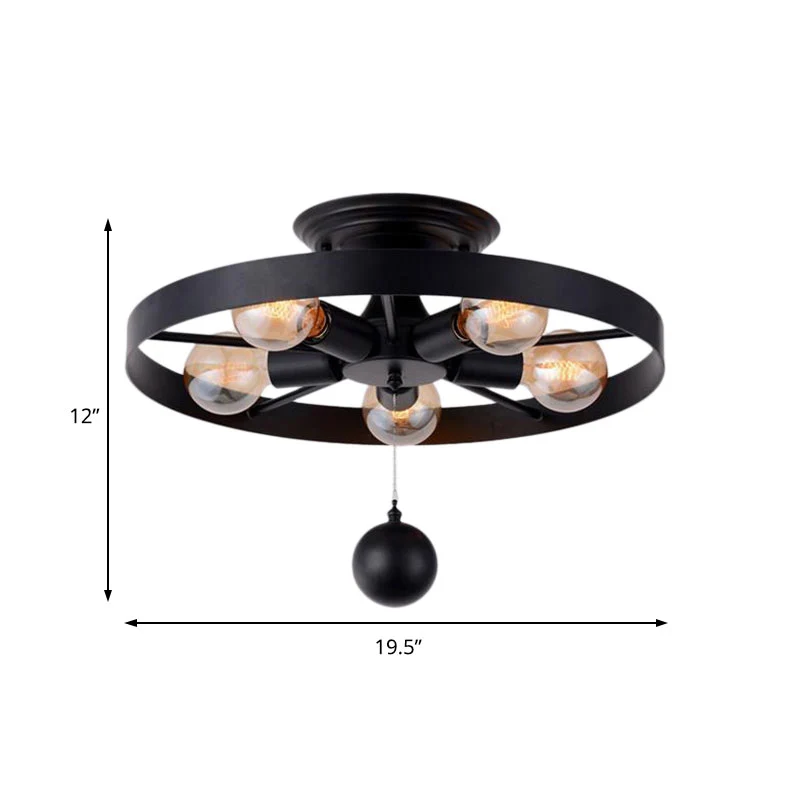 Lampe semi-encastrée à roue de style industriel avec décoration de boule, plafonnier en métal à 5 lumières en noir Clearhalo