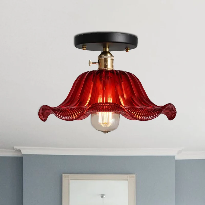 Lampe semi-encastrée rustique en verre nervuré à une lumière rouge/bleu/transparent, 8"/10"/12" de large Clearhalo