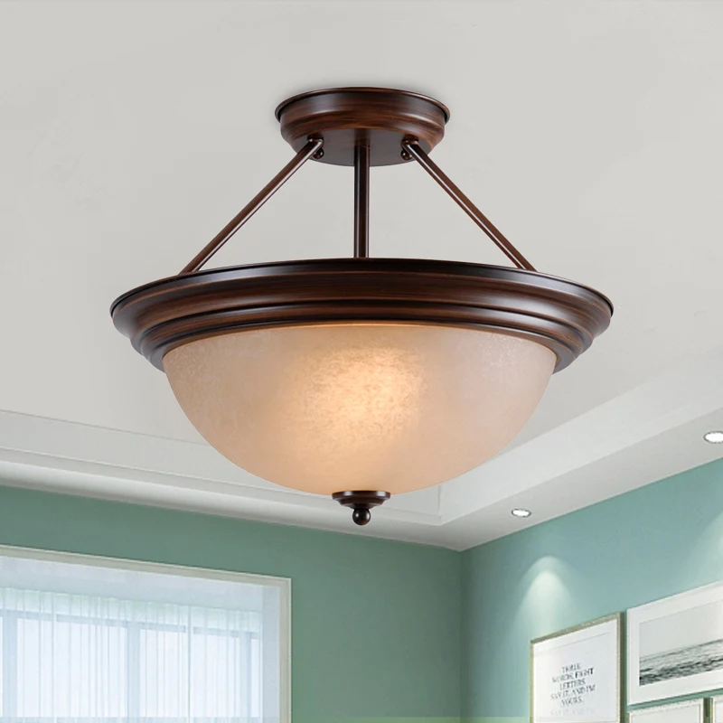 Lampe semi-montée à 2 lumières, style campagnard, pour salon, proche du plafond, avec dôme, abat-jour en verre blanc/ambre...