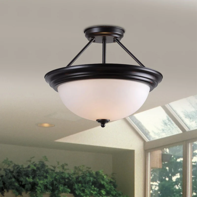 Lampe semi-montée à 2 lumières, style campagnard, pour salon, proche du plafond, avec dôme, abat-jour en verre blanc/ambre...