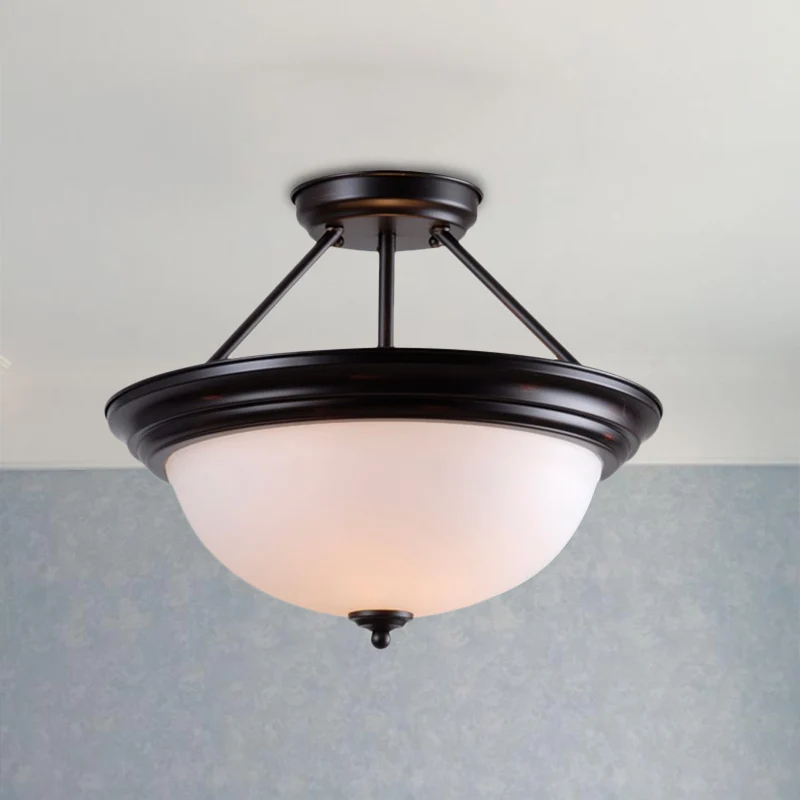 Lampe semi-montée à 2 lumières, style campagnard, pour salon, proche du plafond, avec dôme, abat-jour en verre blanc/ambre...