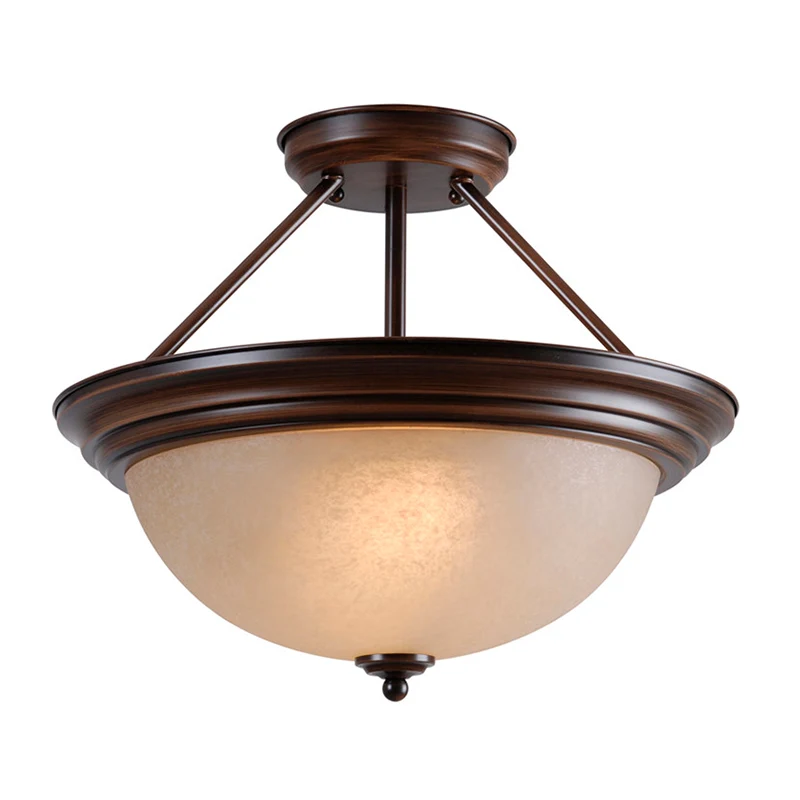 Lampe semi-montée à 2 lumières, style campagnard, pour salon, proche du plafond, avec dôme, abat-jour en verre blanc/ambre...