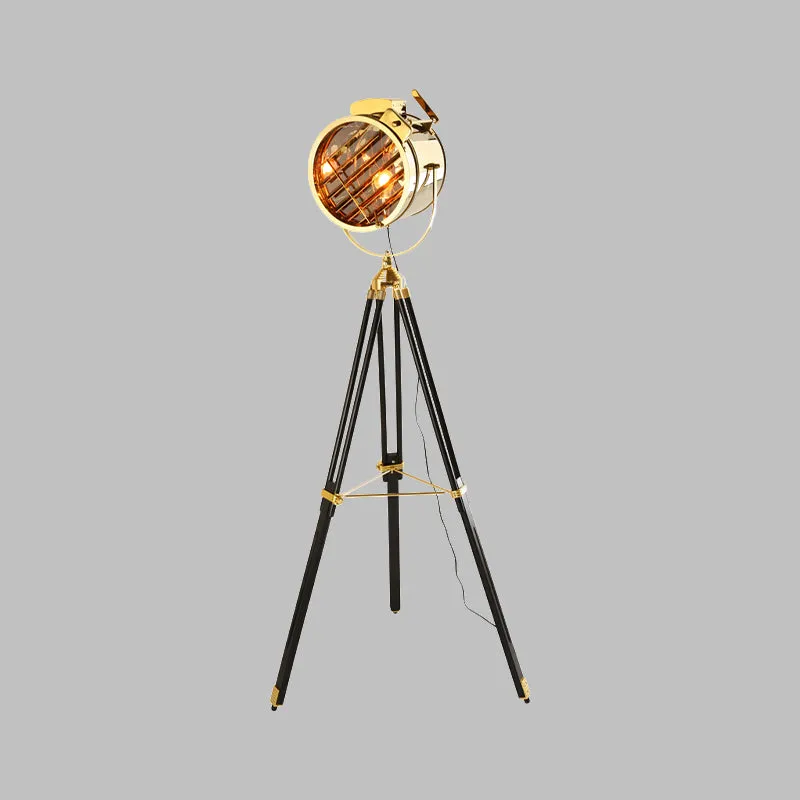 Lampe sur pied à 1 ampoule, noir/bois, spot cylindrique Vintage en métal, lampadaire avec trépied pour salon Clearhalo