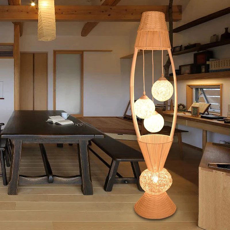 Lampe sur pied en forme de panier à poisson, Art déco en rotin de bambou, 4 lumières, lampadaire en bois avec abat-jour bo...