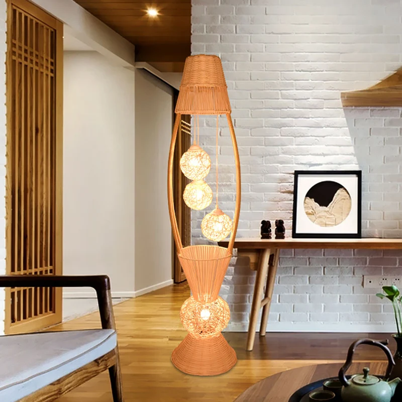 Lampe sur pied en forme de panier à poisson, Art déco en rotin de bambou, 4 lumières, lampadaire en bois avec abat-jour bo...