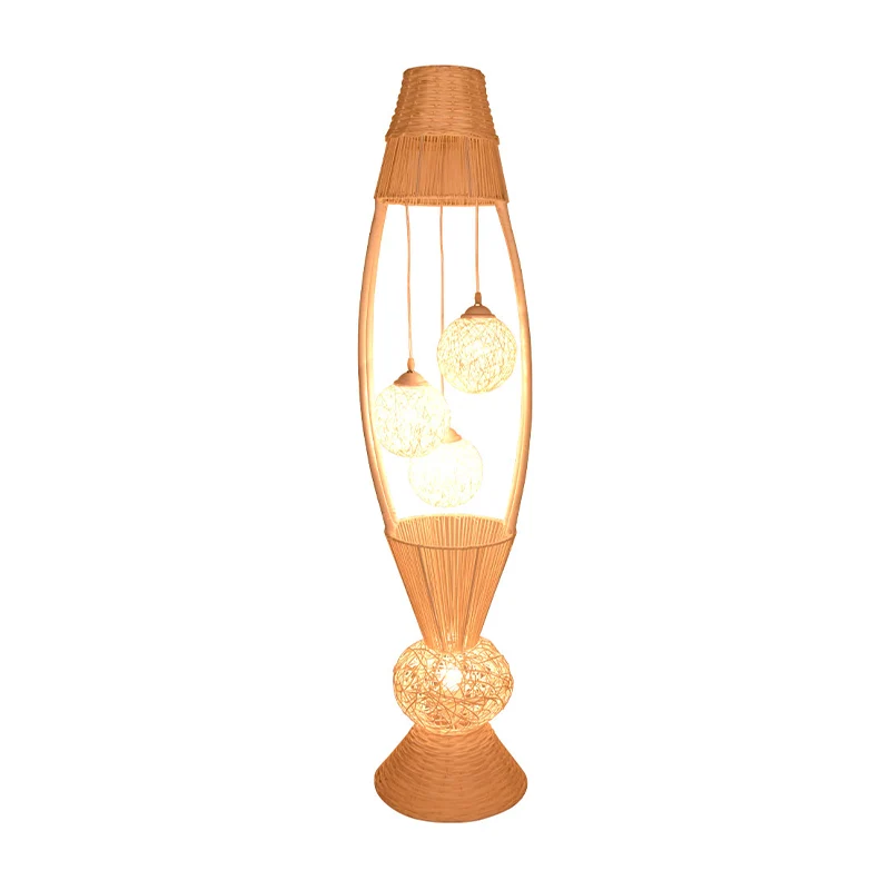 Lampe sur pied en forme de panier à poisson, Art déco en rotin de bambou, 4 lumières, lampadaire en bois avec abat-jour bo...