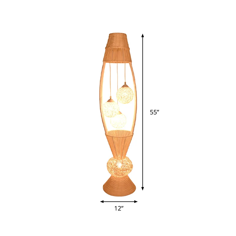 Lampe sur pied en forme de panier à poisson, Art déco en rotin de bambou, 4 lumières, lampadaire en bois avec abat-jour bo...
