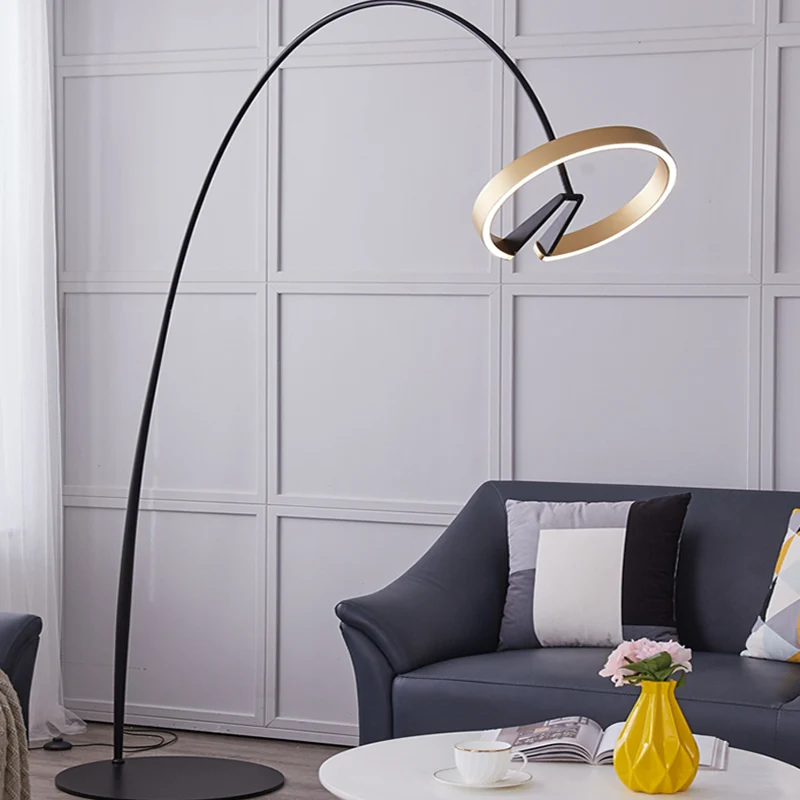 Lampe sur pied rotative à boucle dorée, lampadaire LED minimaliste en métal avec poteau de canne à pêche Clearhalo