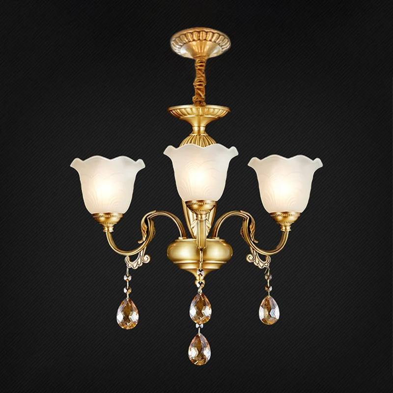 Lampe suspendue à 3/5 ampoules, lustre traditionnel à abat-jour Floral en cristal doré avec gouttes en verre transparent C...