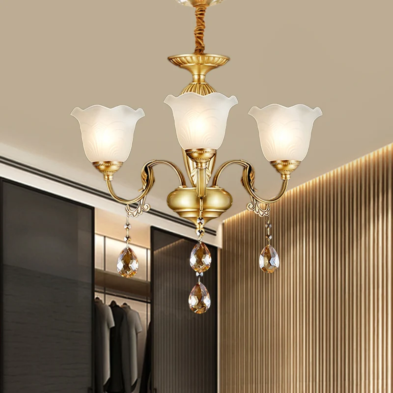Lampe suspendue à 3/5 ampoules, lustre traditionnel à abat-jour Floral en cristal doré avec gouttes en verre transparent C...