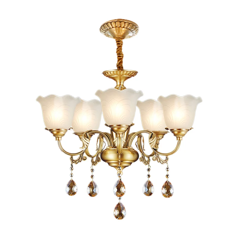 Lampe suspendue à 3/5 ampoules, lustre traditionnel à abat-jour Floral en cristal doré avec gouttes en verre transparent C...