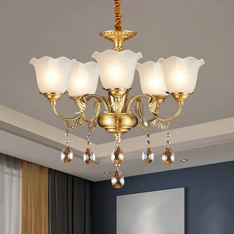 Lampe suspendue à 3/5 ampoules, lustre traditionnel à abat-jour Floral en cristal doré avec gouttes en verre transparent C...