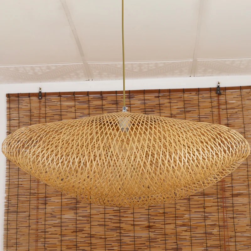 Lampe suspendue asiatique à 1 ampoule, luminaire suspendu incurvé en lin avec abat-jour en bambou Clearhalo