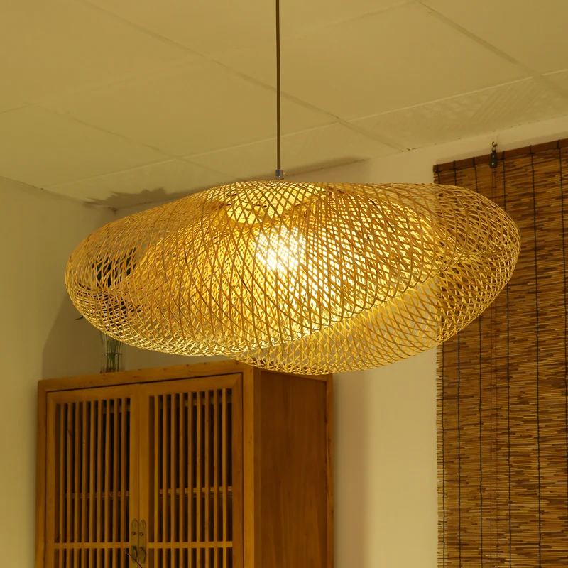 Lampe suspendue asiatique à 1 ampoule, luminaire suspendu incurvé en lin avec abat-jour en bambou Clearhalo