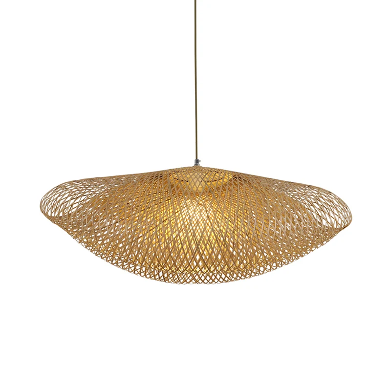 Lampe suspendue asiatique à 1 ampoule, luminaire suspendu incurvé en lin avec abat-jour en bambou Clearhalo