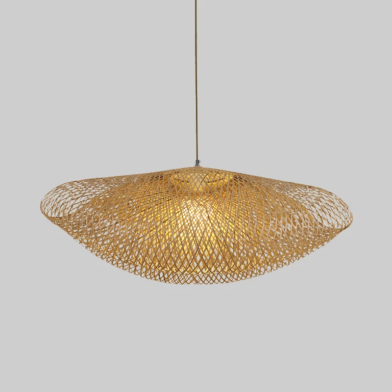 Lampe suspendue asiatique à 1 ampoule, luminaire suspendu incurvé en lin avec abat-jour en bambou Clearhalo