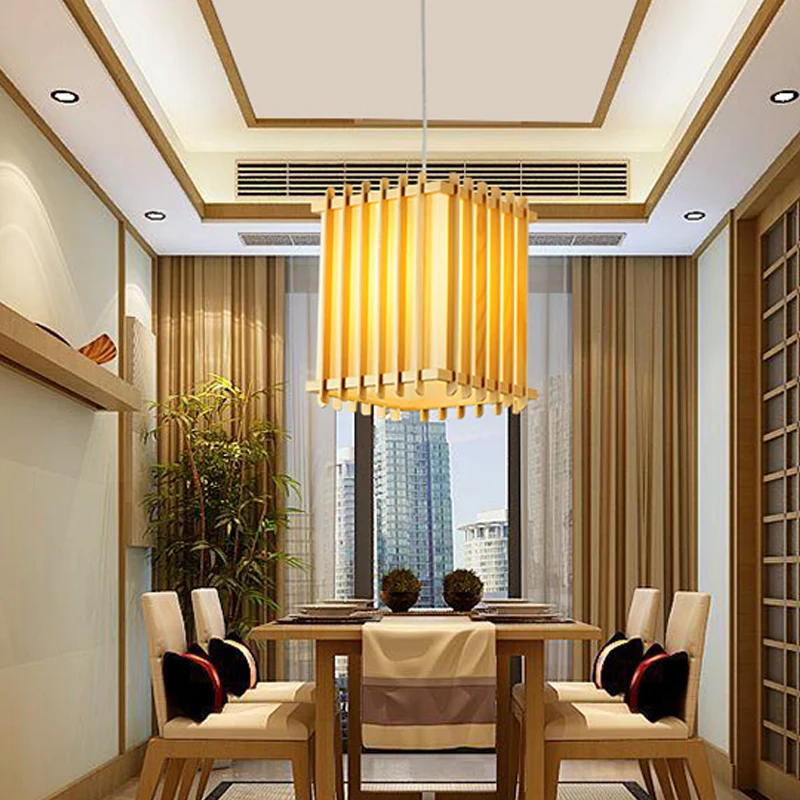 Lampe suspendue asiatique à 1 ampoule, plafonnier à cage rectangulaire en bois beige au-dessus de la table Clearhalo