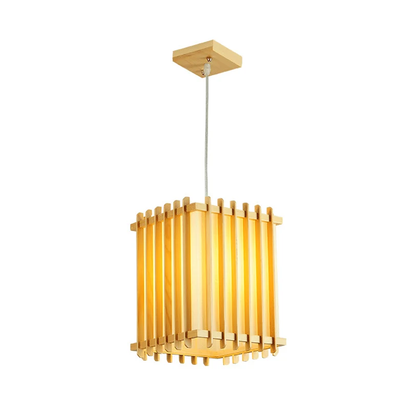 Lampe suspendue asiatique à 1 ampoule, plafonnier à cage rectangulaire en bois beige au-dessus de la table Clearhalo