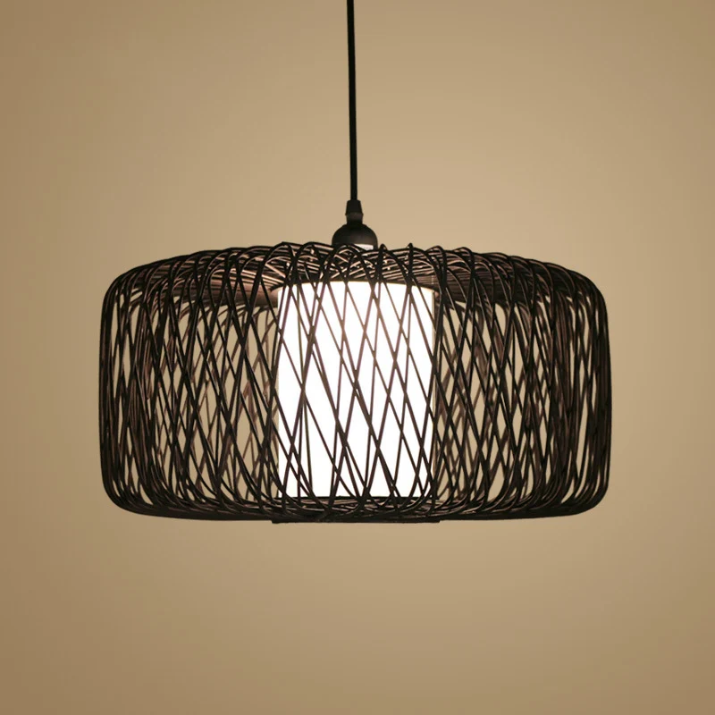 Lampe suspendue en bambou tambour, 1 ampoule asiatique, Beige/noir, luminaire suspendu pour salle à manger Clearhalo