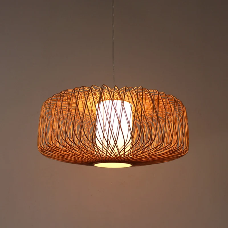 Lampe suspendue en bambou tambour, 1 ampoule asiatique, Beige/noir, luminaire suspendu pour salle à manger Clearhalo
