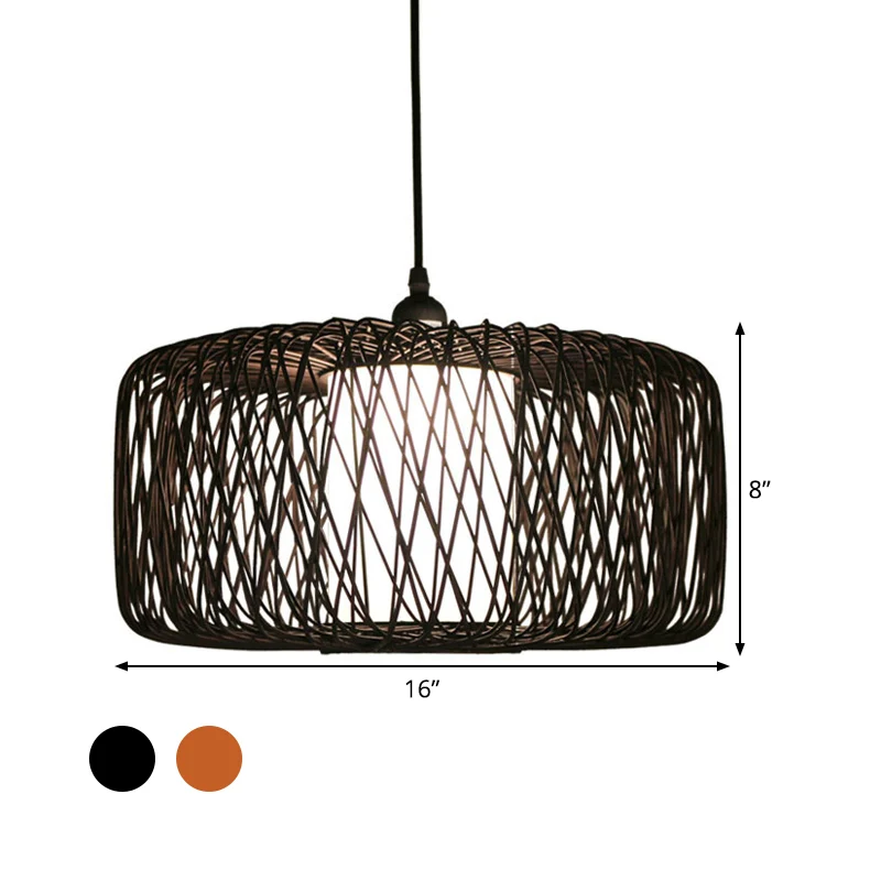 Lampe suspendue en bambou tambour, 1 ampoule asiatique, Beige/noir, luminaire suspendu pour salle à manger Clearhalo